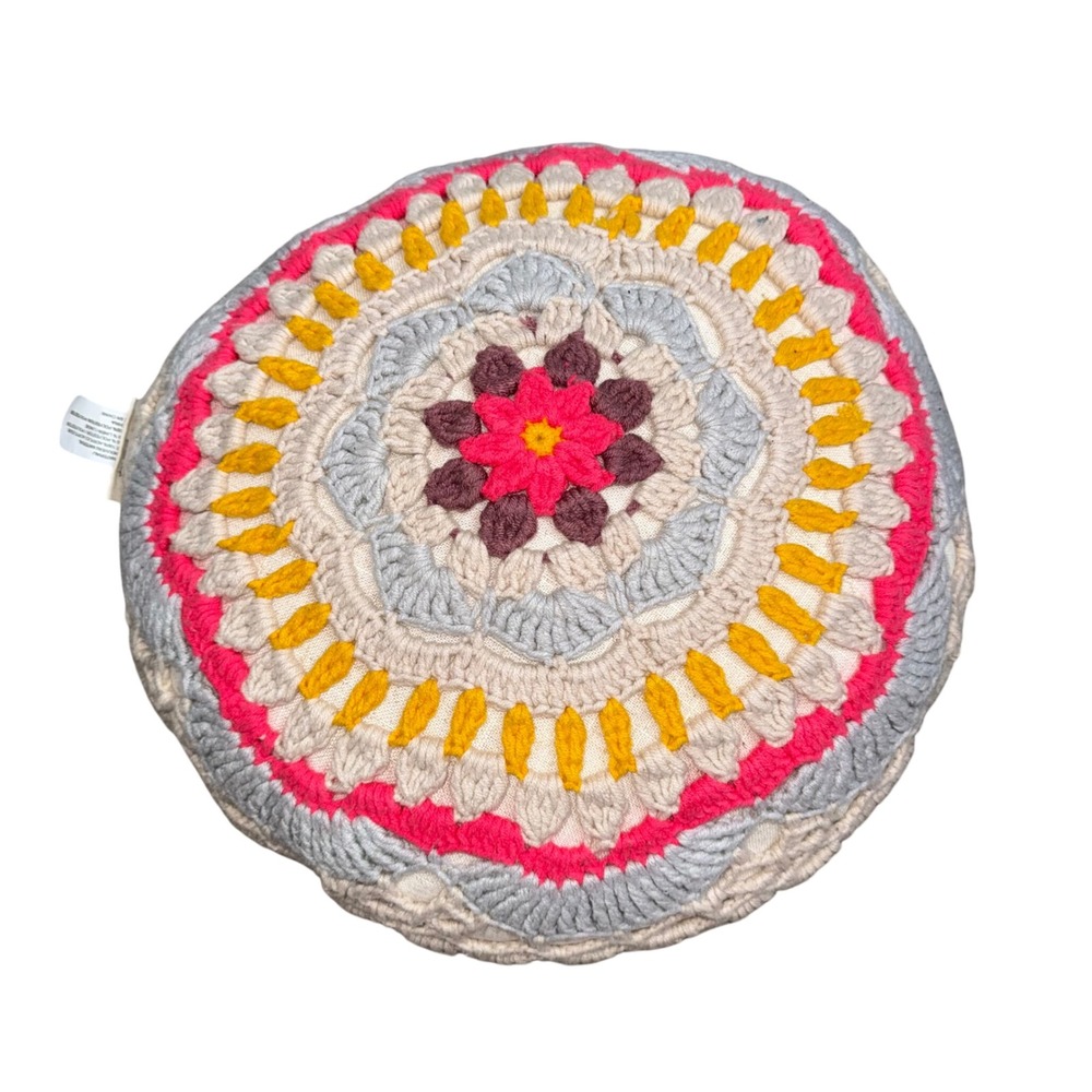 Natural Life Crochet Mandala Pillow Round Cream Pink Yellow Excellent Boho Decor
